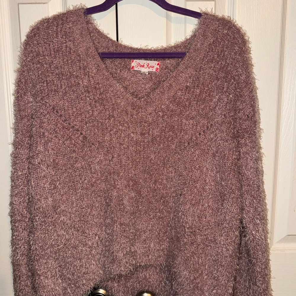 Pink Rose V-Neck Fuzzy Sweater - Dusty Pink